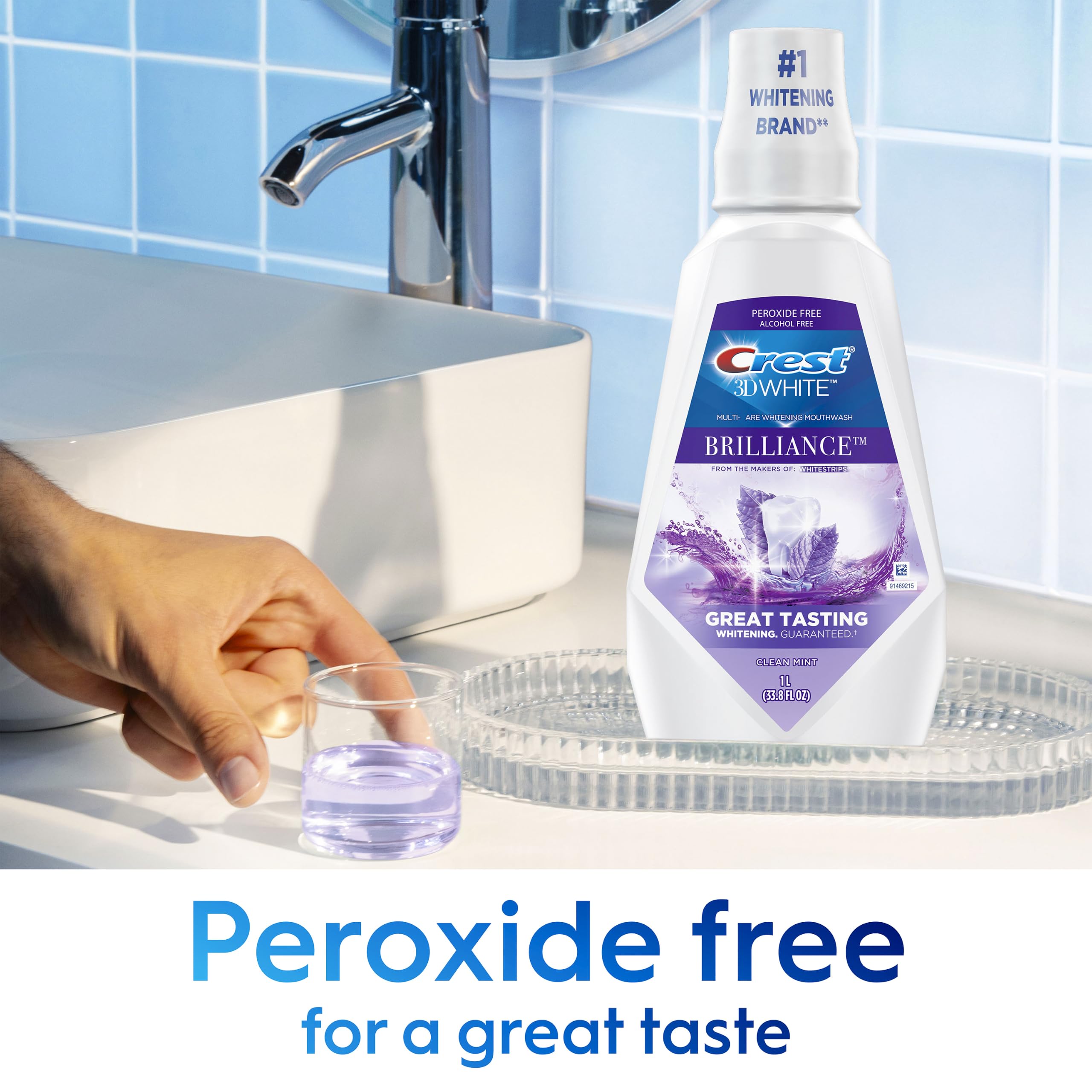 Crest mano sosteniendo botella para mostrar la escala y ahorro familiar