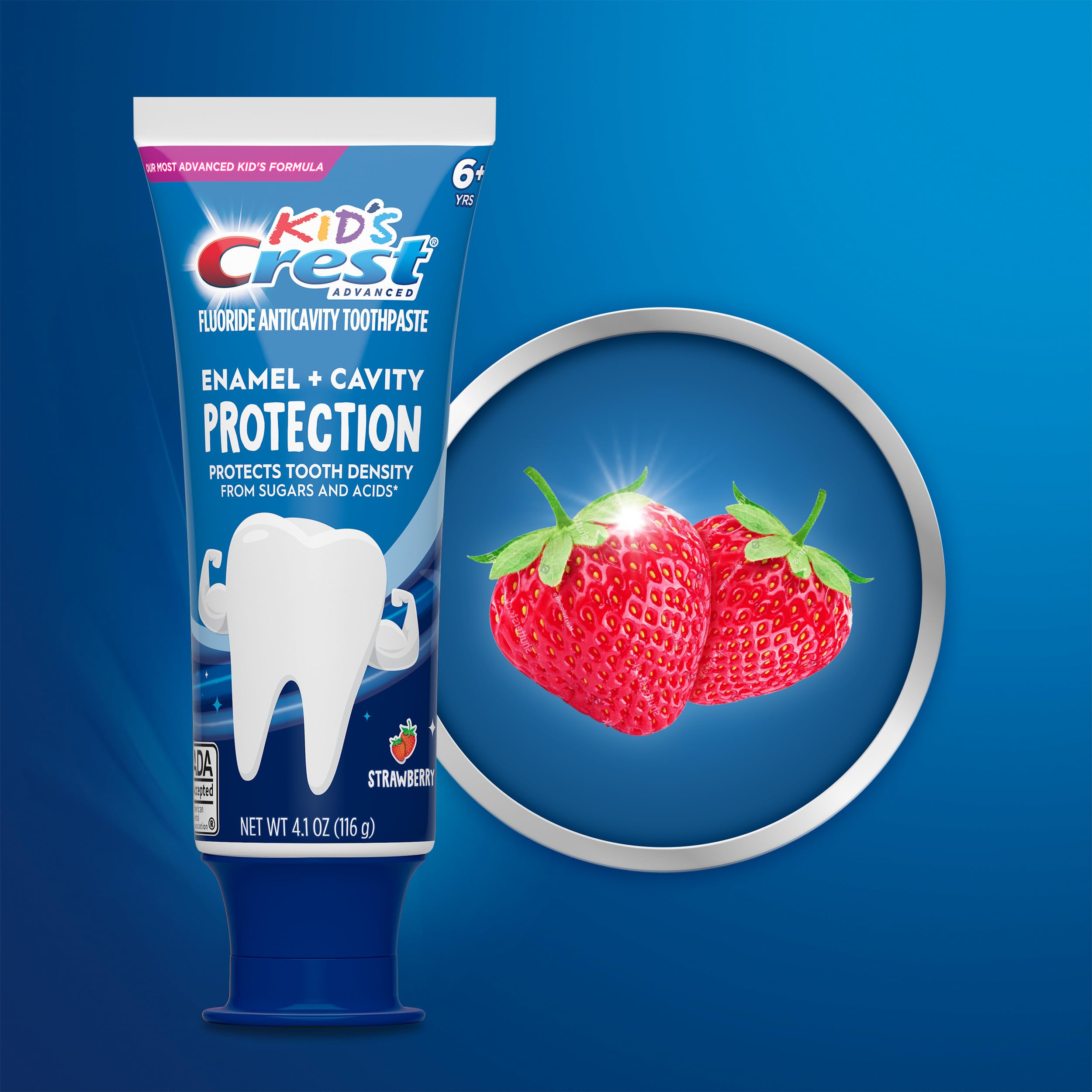 Crest etiqueta con sello ADA y beneficios visibles para padres