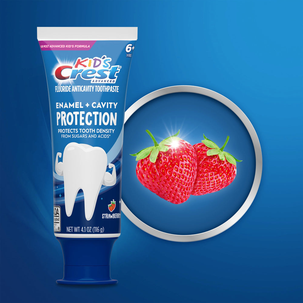 Crest etiqueta con sello ADA y beneficios visibles para padres