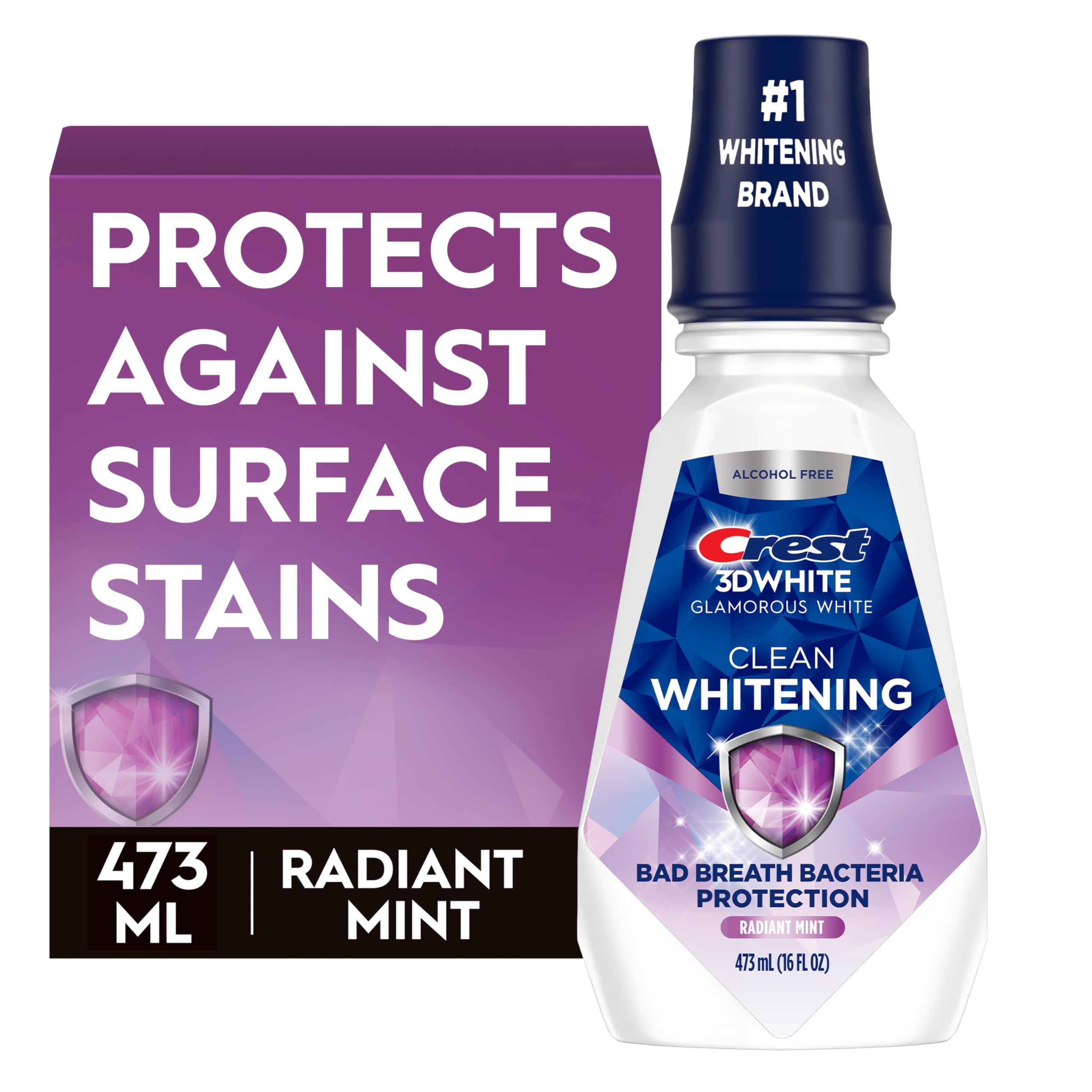 Crest enjuague frontal pack mostrando botella y etiqueta, conveniencia