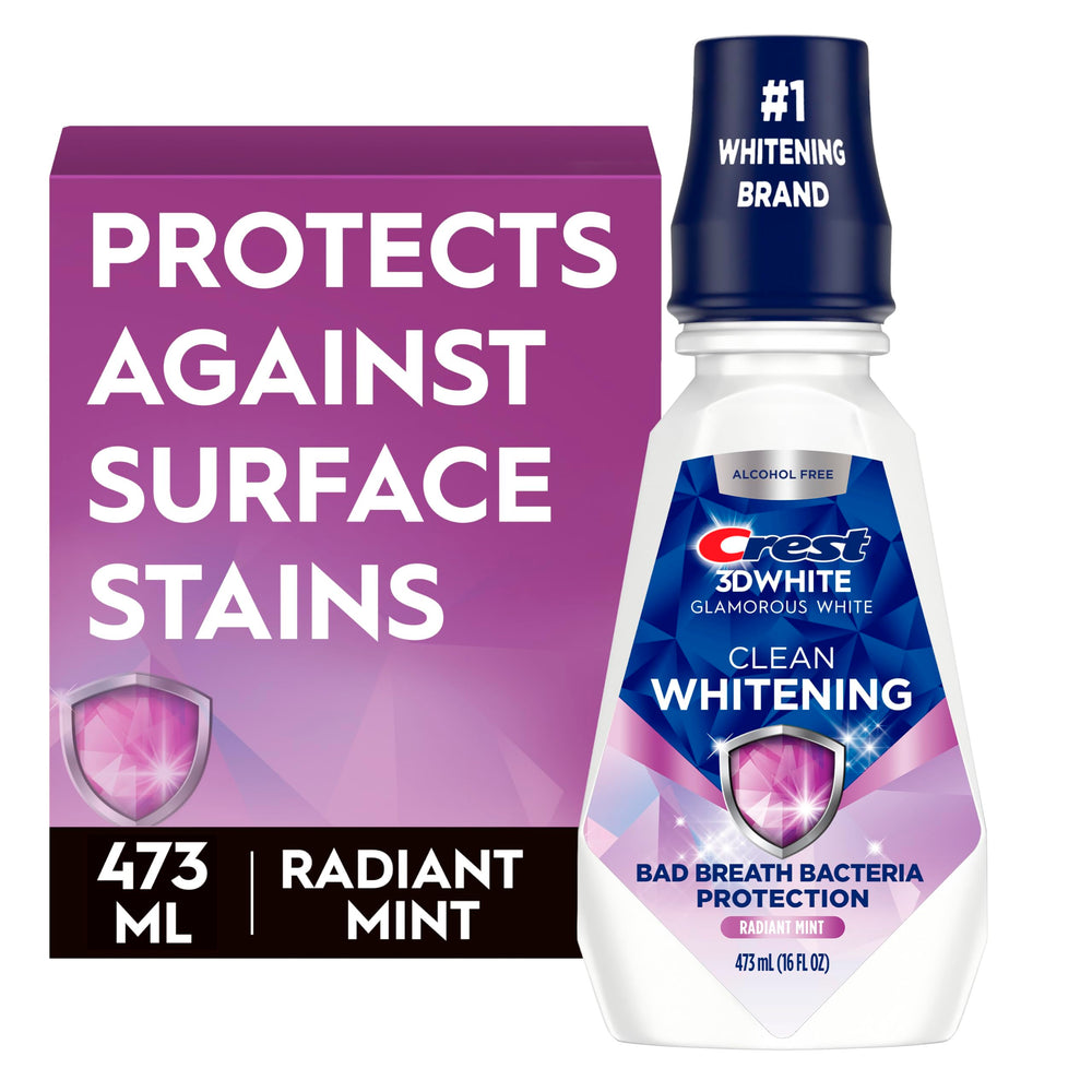 Crest enjuague frontal pack mostrando botella y etiqueta, conveniencia