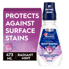 Crest enjuague frontal pack mostrando botella y etiqueta, conveniencia
