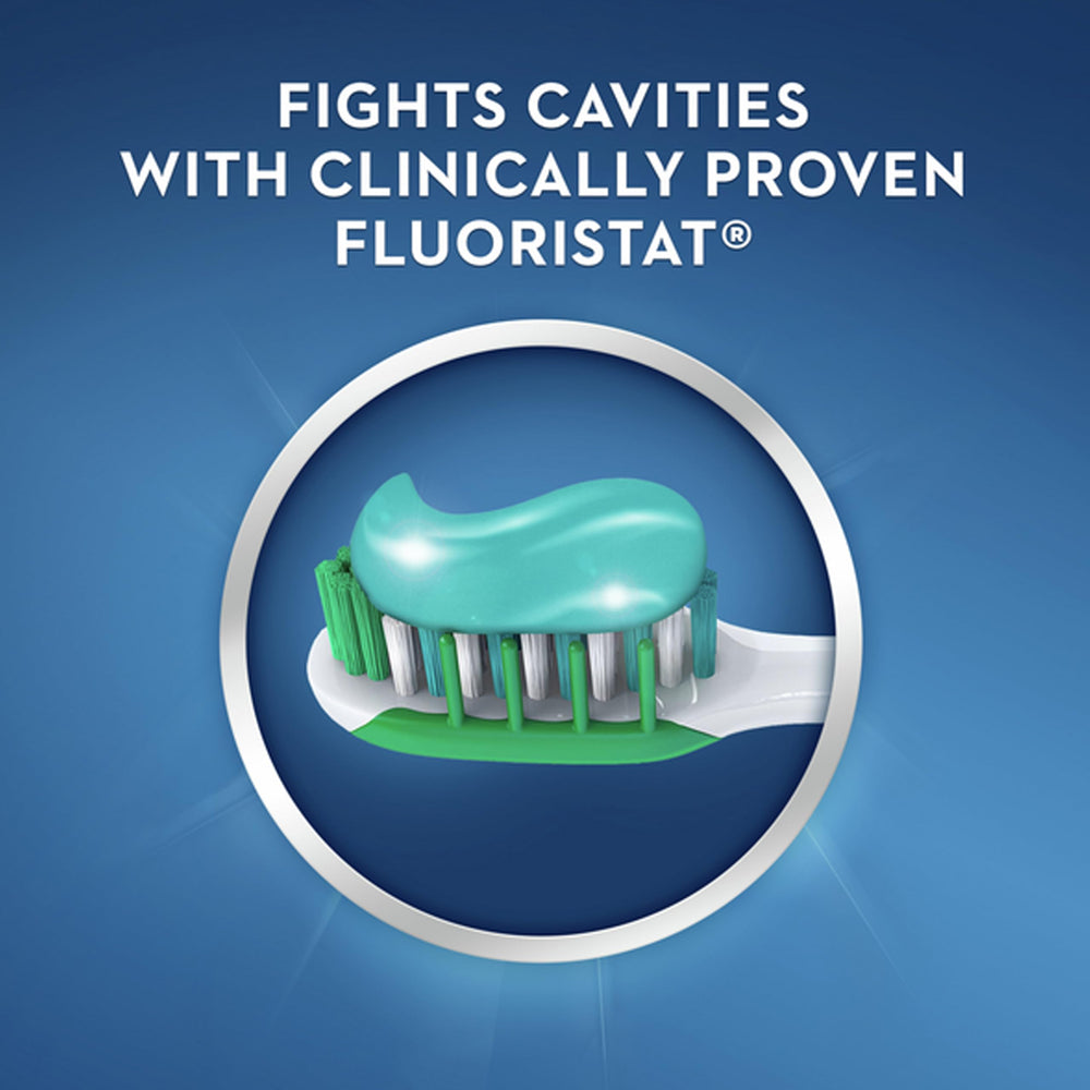 Crest etiqueta con ingredientes y flúor visible, claridad en composición
