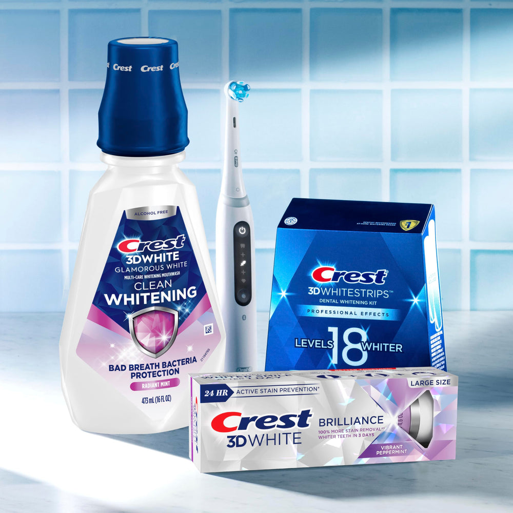 Crest etiqueta de ingredientes destacando peróxido de hidrógeno, blanqueo suave