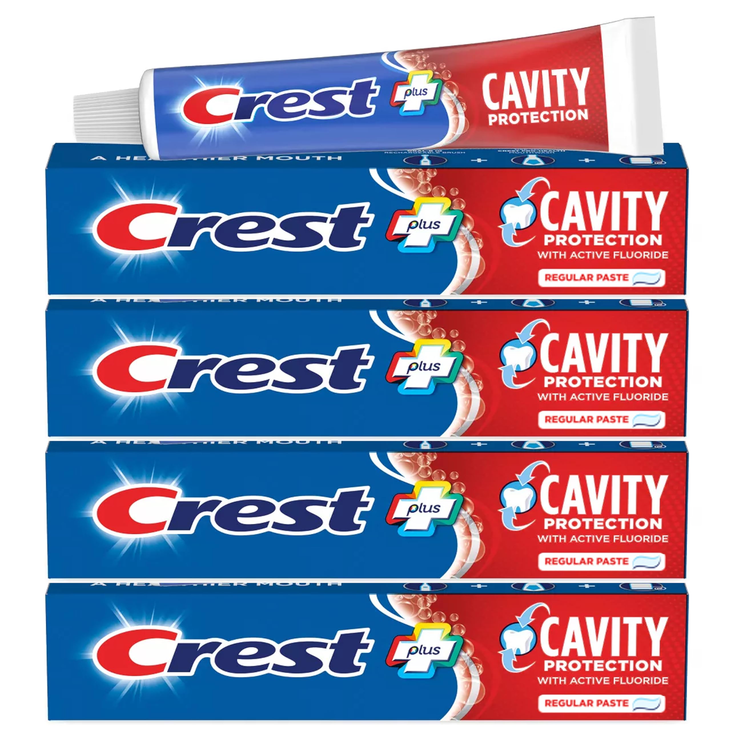 Crest paquete frontal mostrando cuatro tubos y beneficio de reposición fácil
