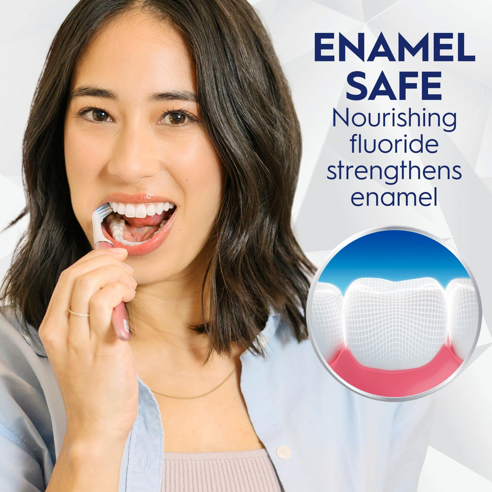 Crest persona cepillándose y logrando dientes más limpios