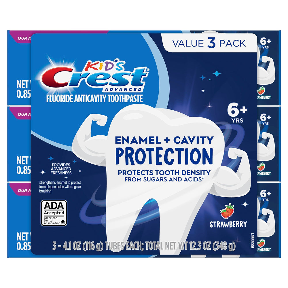 Crest textura de la pasta y color fresa, atractivo para niños