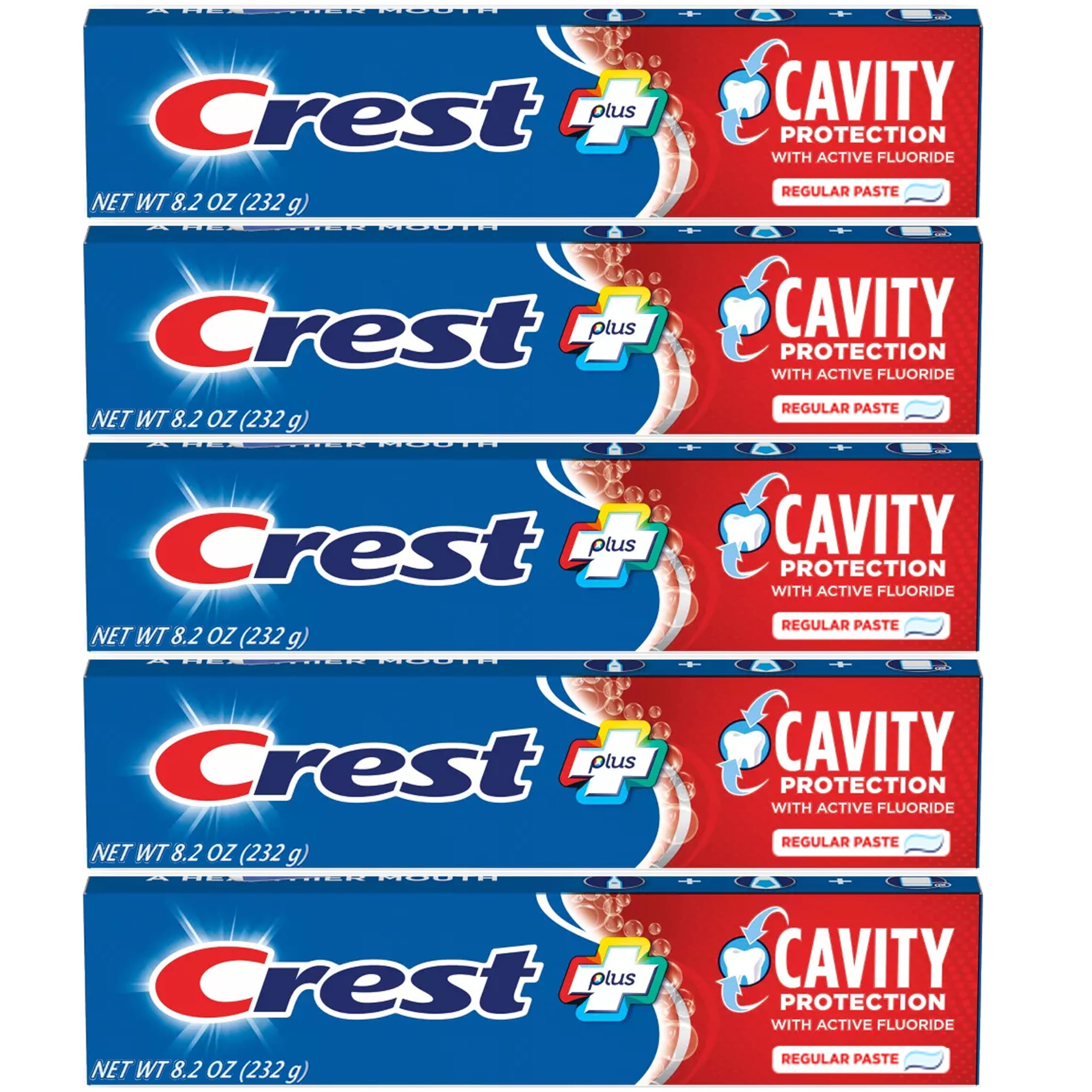 Crest tubo frente mostrando marca y tamaño 8.2 oz, protección anticaries