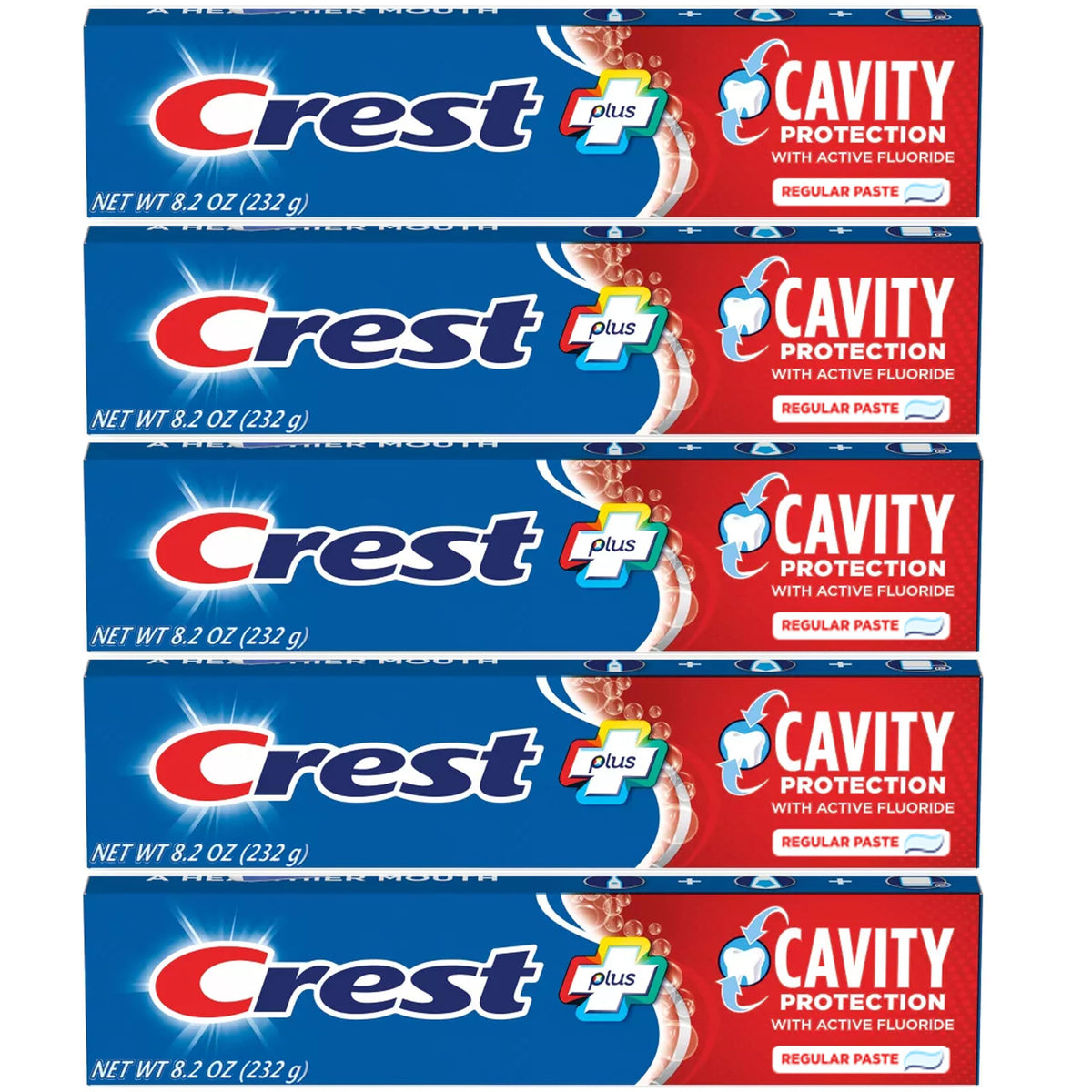 Crest tubo frente mostrando marca y tamaño 8.2 oz, protección anticaries