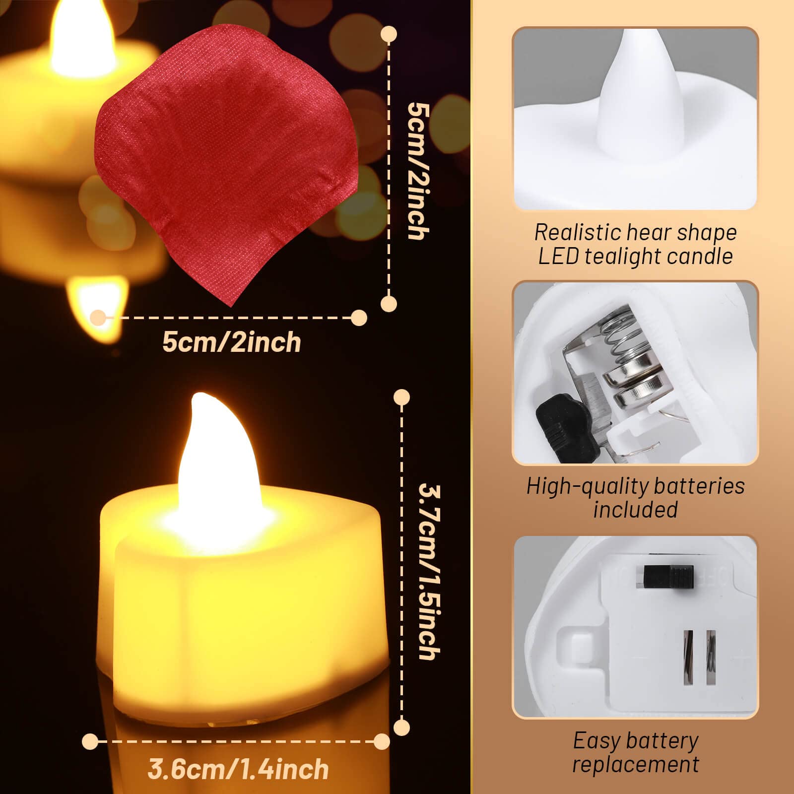 cridoz vela LED en forma de corazón vista superior, luz cálida y segura