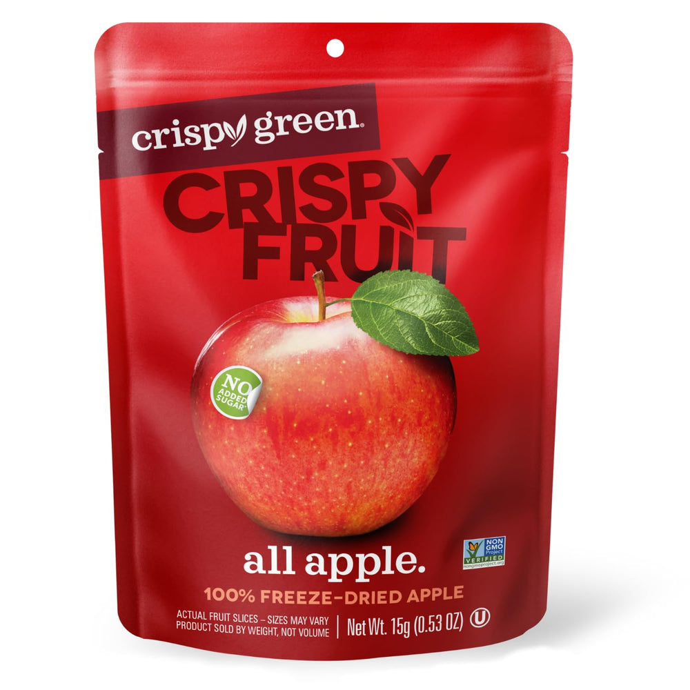 Crispy Green frente del empaque mostrando sello natural y beneficio portátil