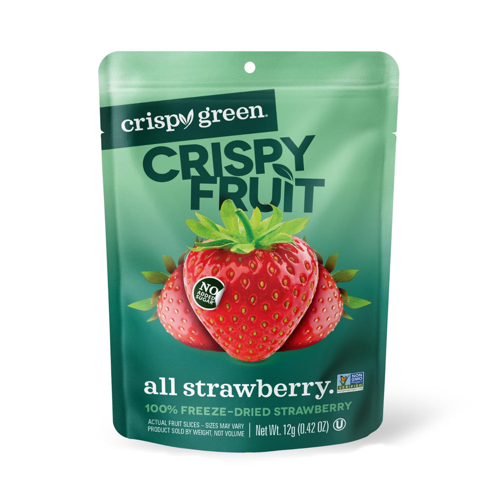 Crispy Green envase frontal mostrando pack de 12 bolsitas, práctico para llevar