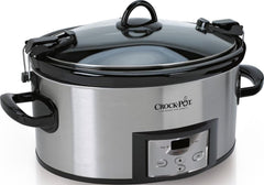 Crock-Pot frontal de acero inoxidable mostrando diseño y capacidad