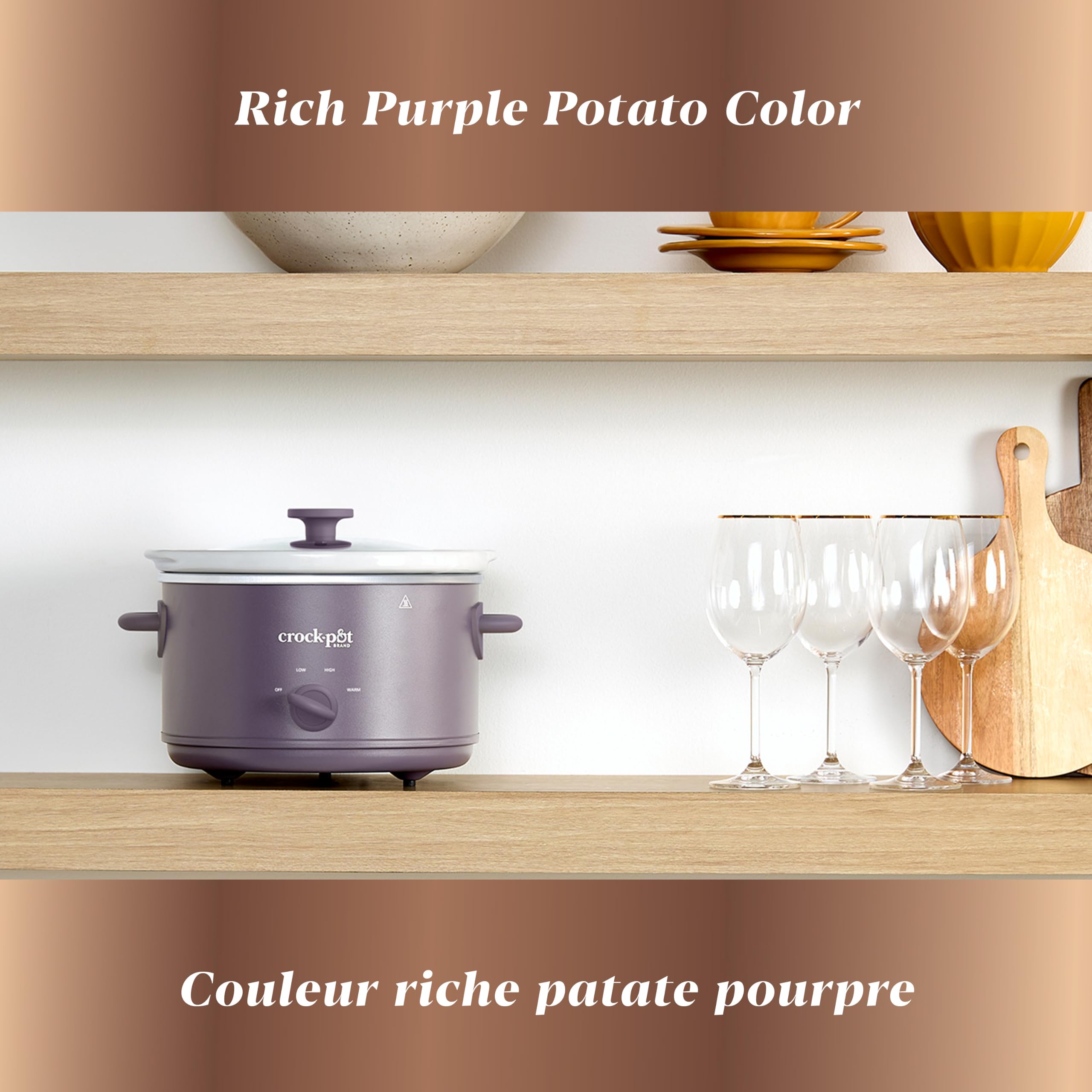 Crock-Pot tapa de vidrio Purple Potato mostrando cierre y facilidad de control