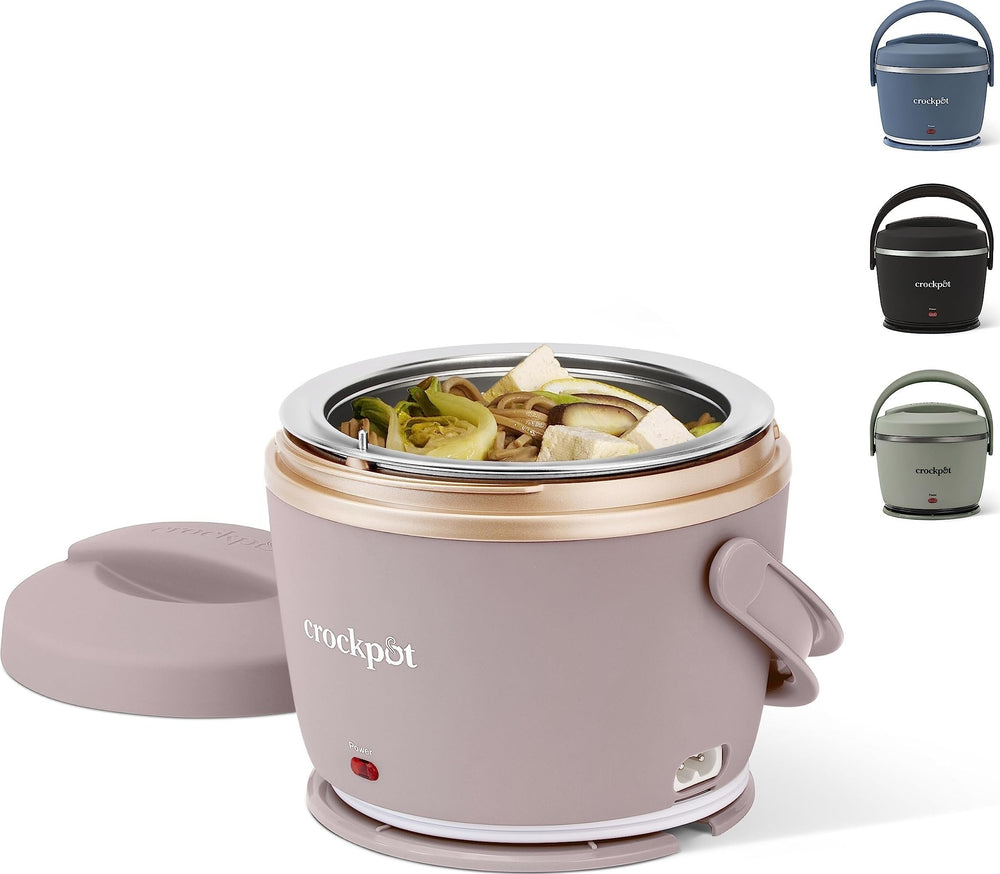 Crock-Pot vista frontal blush pink con tapa cerrada, transporte seguro
