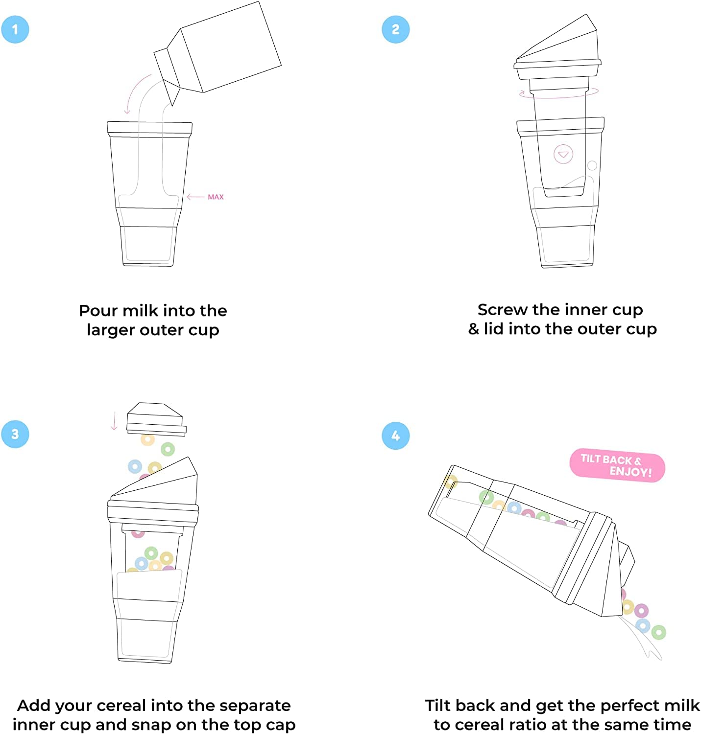 CRUNCHCUP en uso, persona bebiendo cereal caminando, desayuno rápido