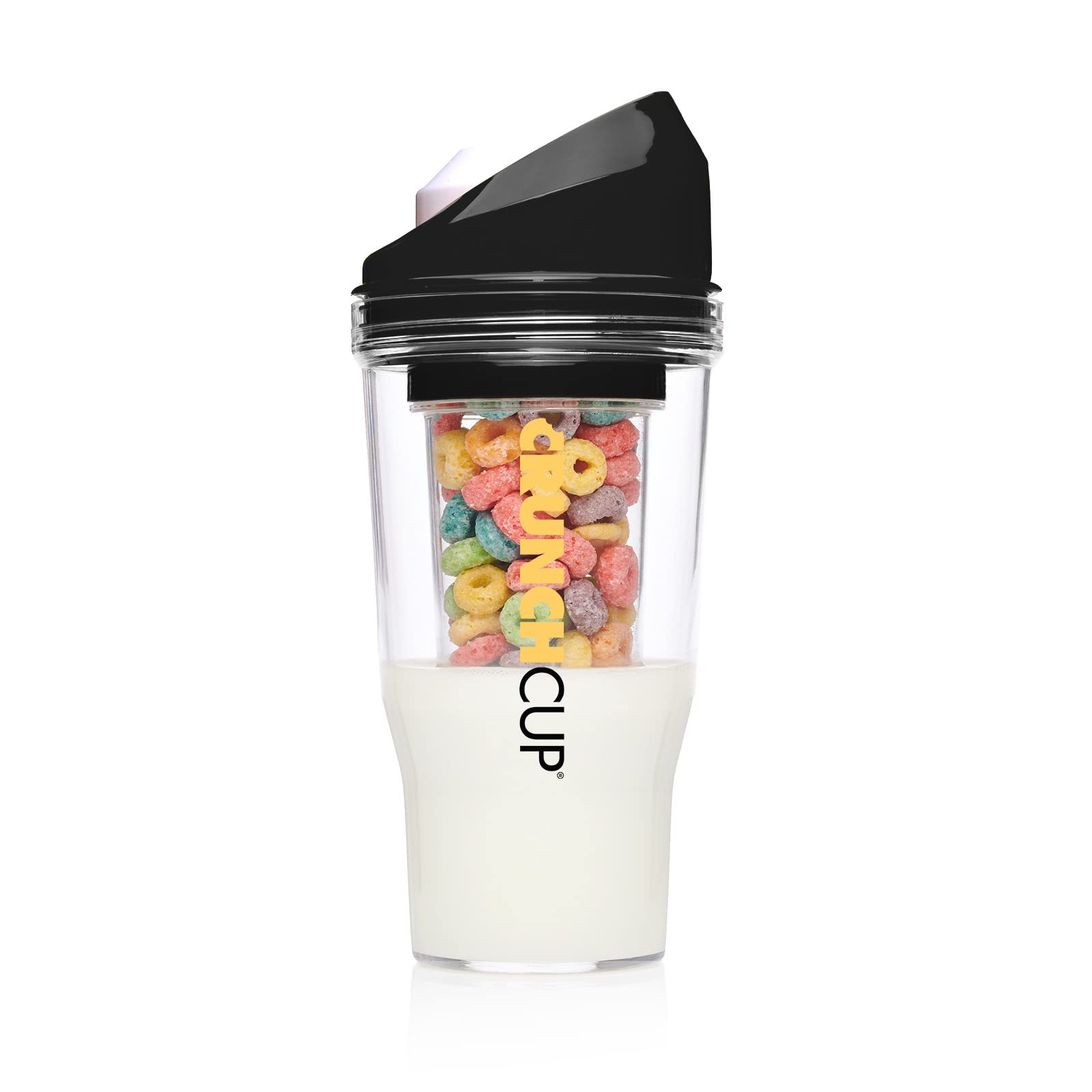 CRUNCHCUP frontal negro mostrando tapa y base, práctico para viajes