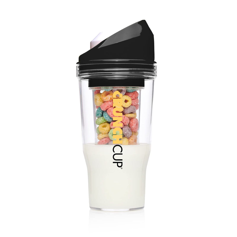 CRUNCHCUP frontal negro mostrando tapa y base, práctico para viajes
