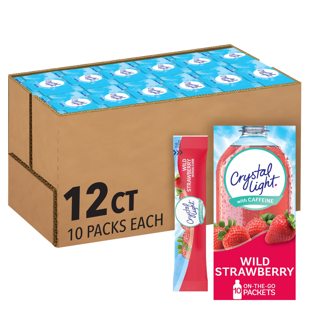 Crystal Light empaque frontal Wild Strawberry mostrando cantidad y beneficios