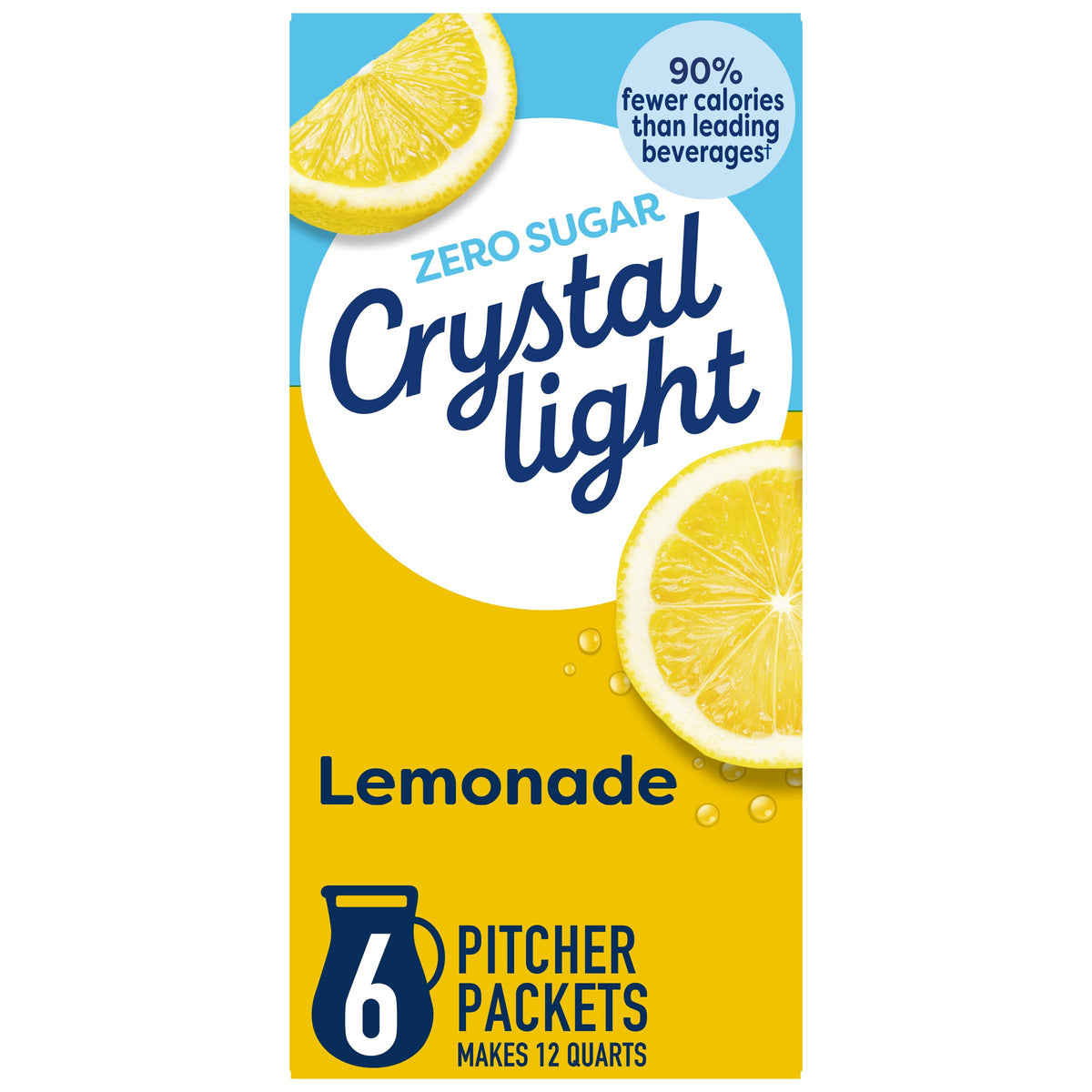 Crystal Light frente del empaque mostrando 12 canisters y 72 sobres, ahorro y conveniencia