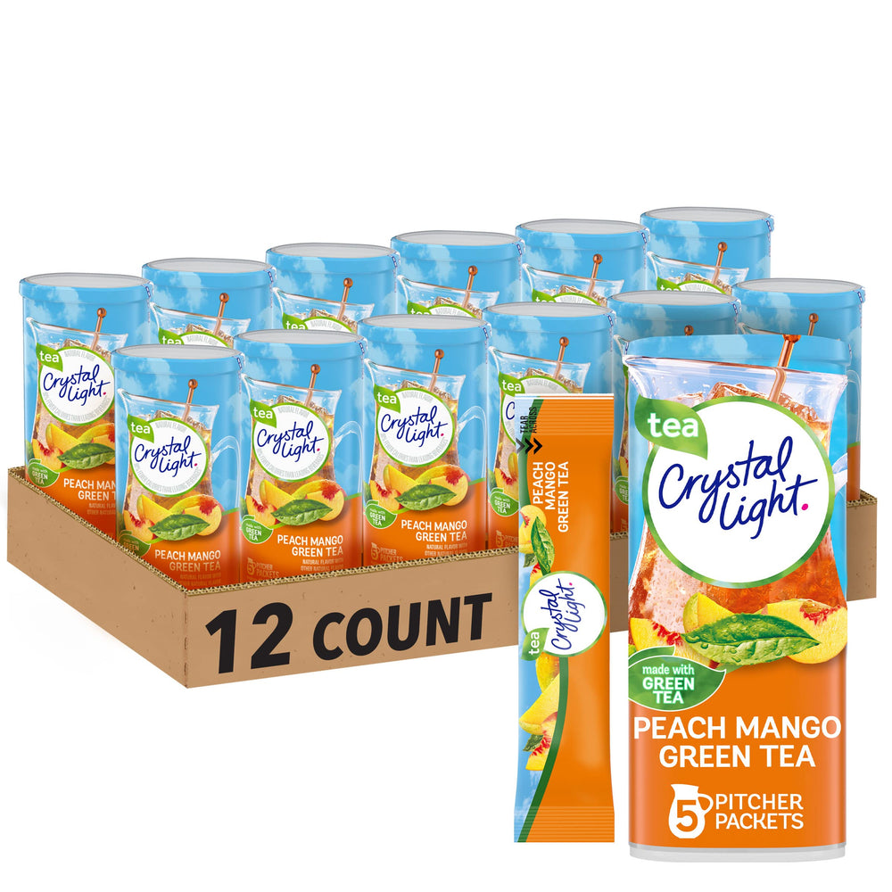 Crystal Light frente del empaque mostrando 12 canisters y marca en oferta