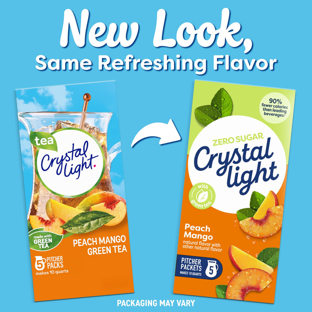 Crystal Light vaso servido en mano, sabor a durazno y mango refrescante
