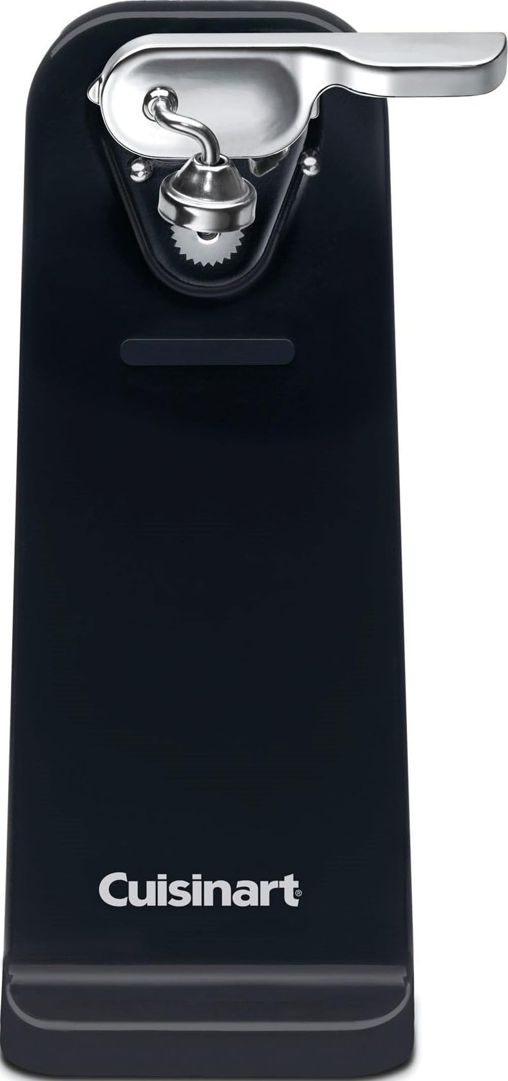Cuisinart vista frontal del abrelatas eléctrico negro mostrando botón de un toque y base antideslizante