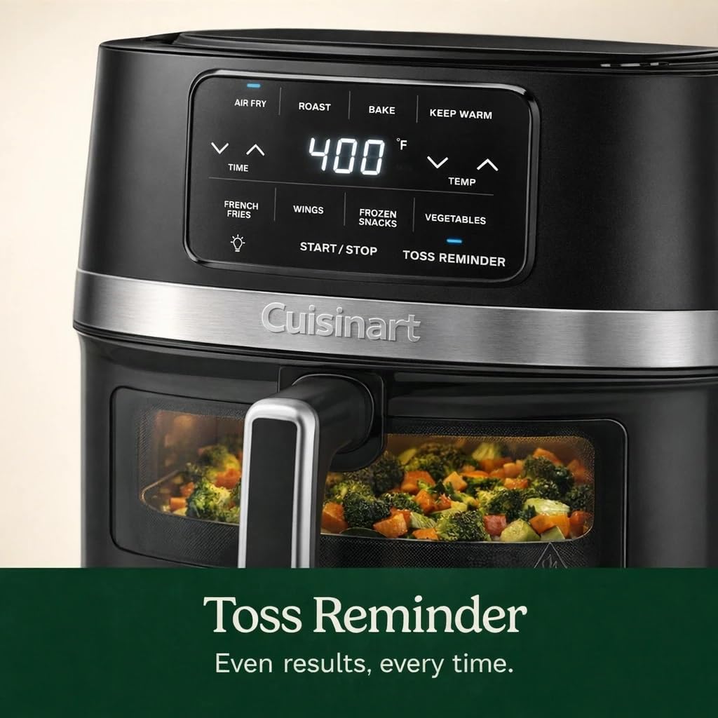 Cuisinart freidora de aire primer plano del acero inoxidable destacando resistencia y fácil limpieza