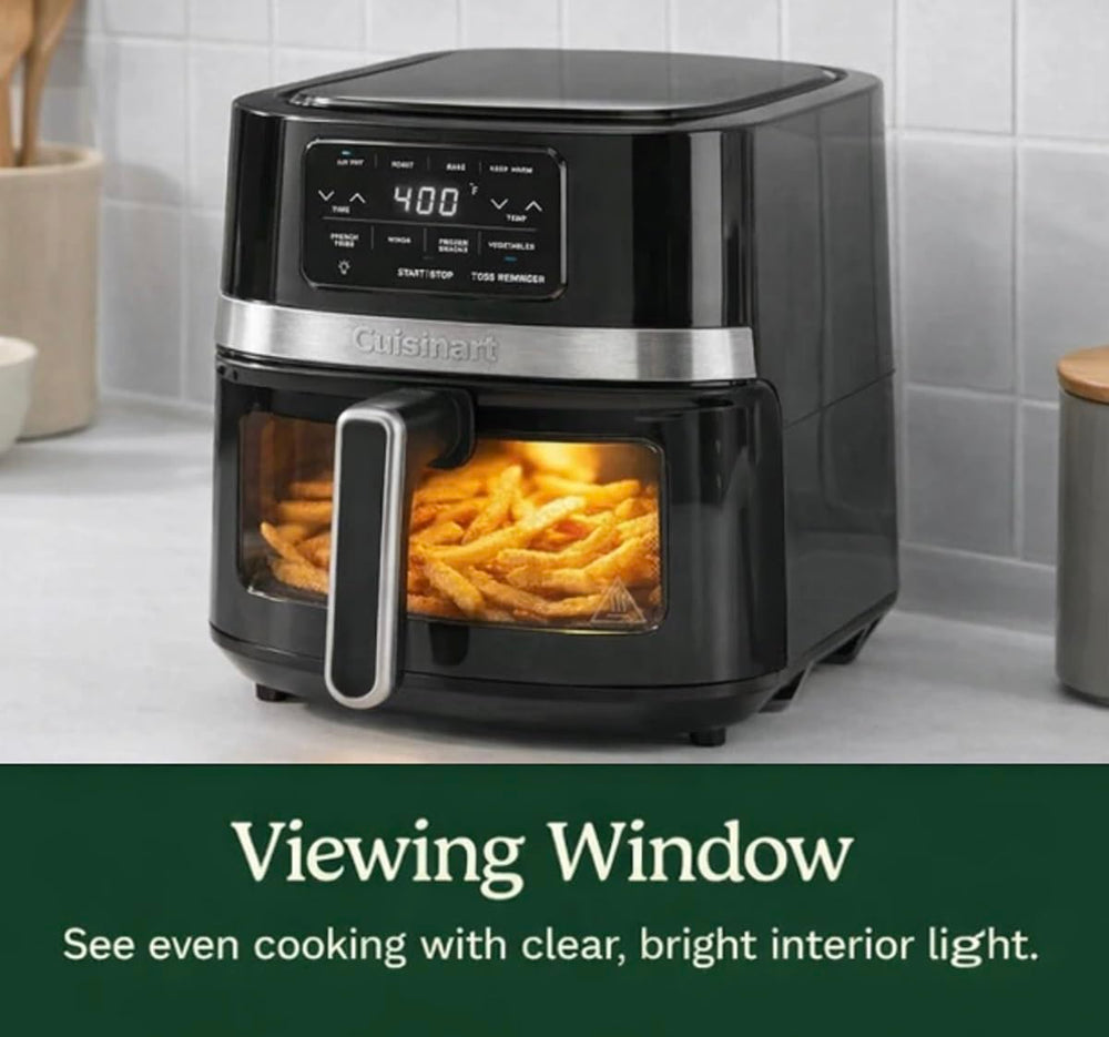 Cuisinart freidora de aire comparada con utensilios para mostrar escala y tamaño en una encimera