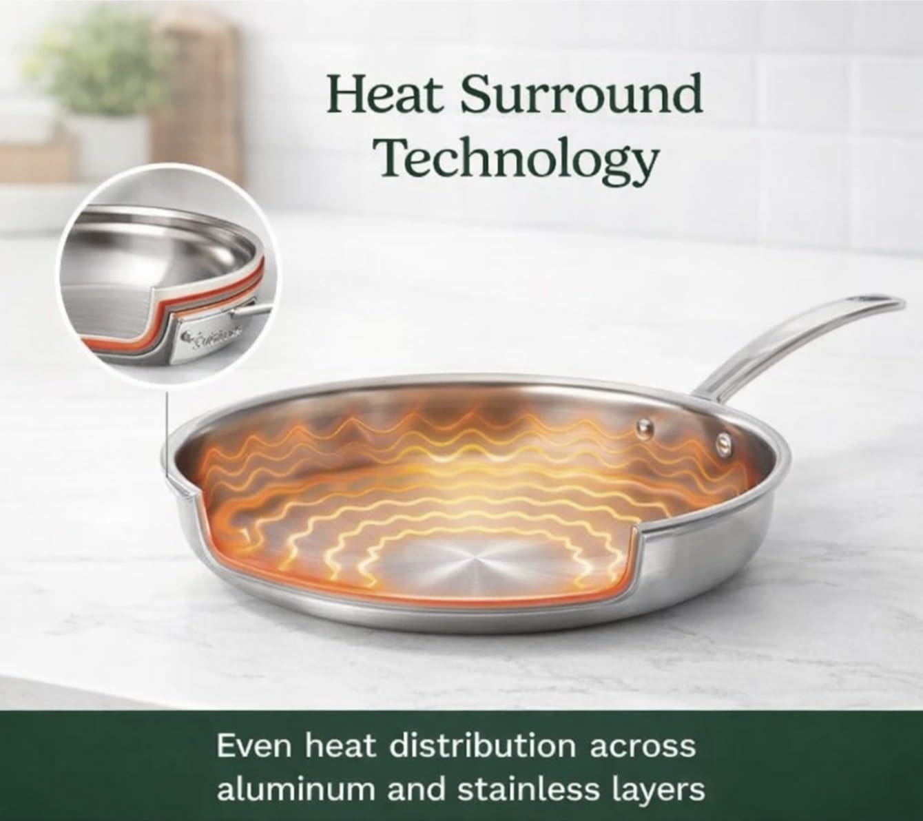 Cuisinart detalle del núcleo triple capa que asegura distribución uniforme del calor
