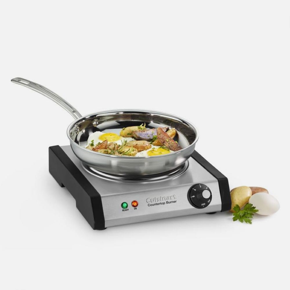 Cuisinart primer plano de la placa de hierro fundido que retiene calor y facilita limpieza