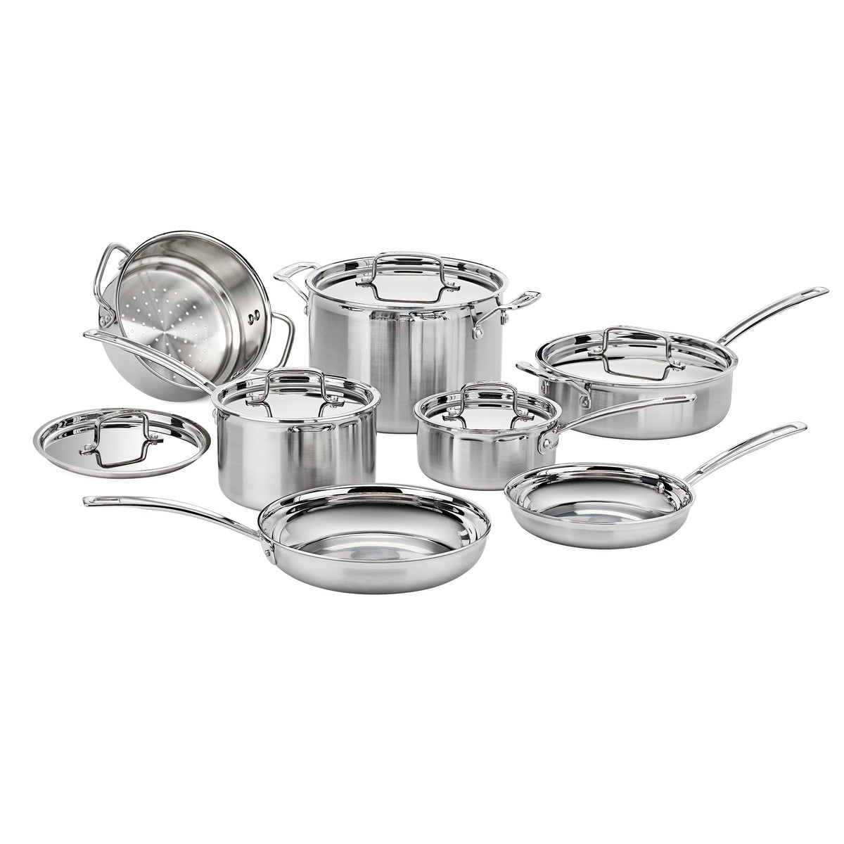 Cuisinart set frontal en acero inoxidable mostrando todas las piezas y versatilidad
