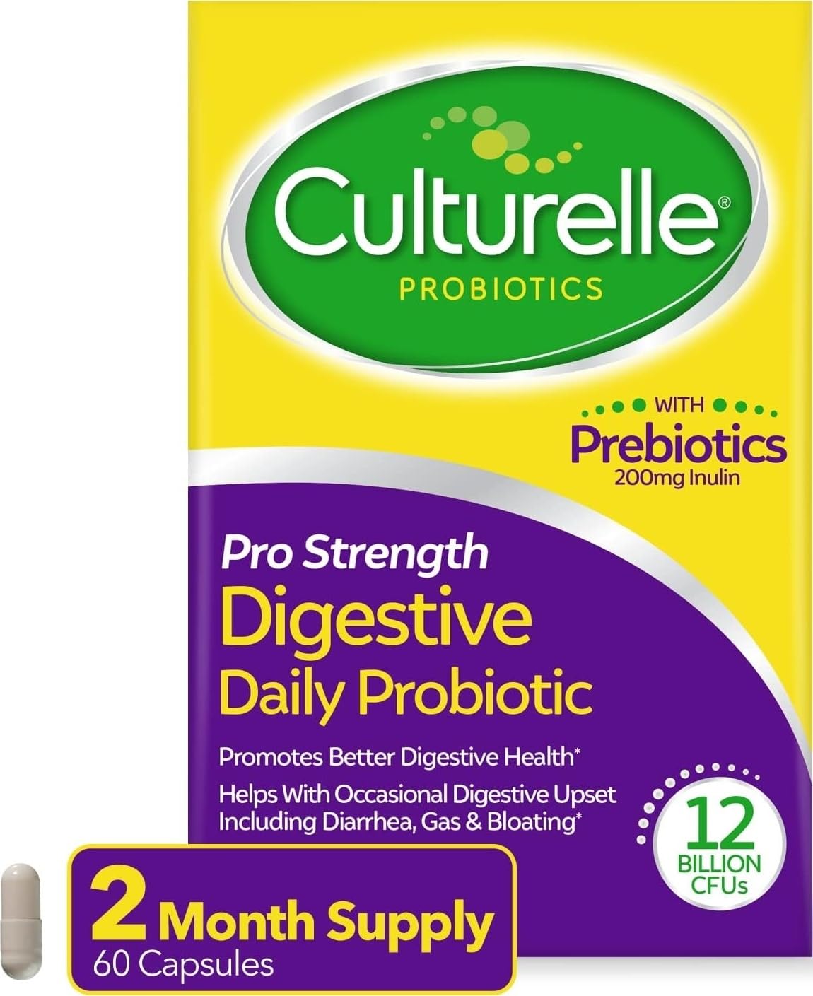 Culturelle vista frontal del empaque mostrando 60 cápsulas y beneficios digestivos
