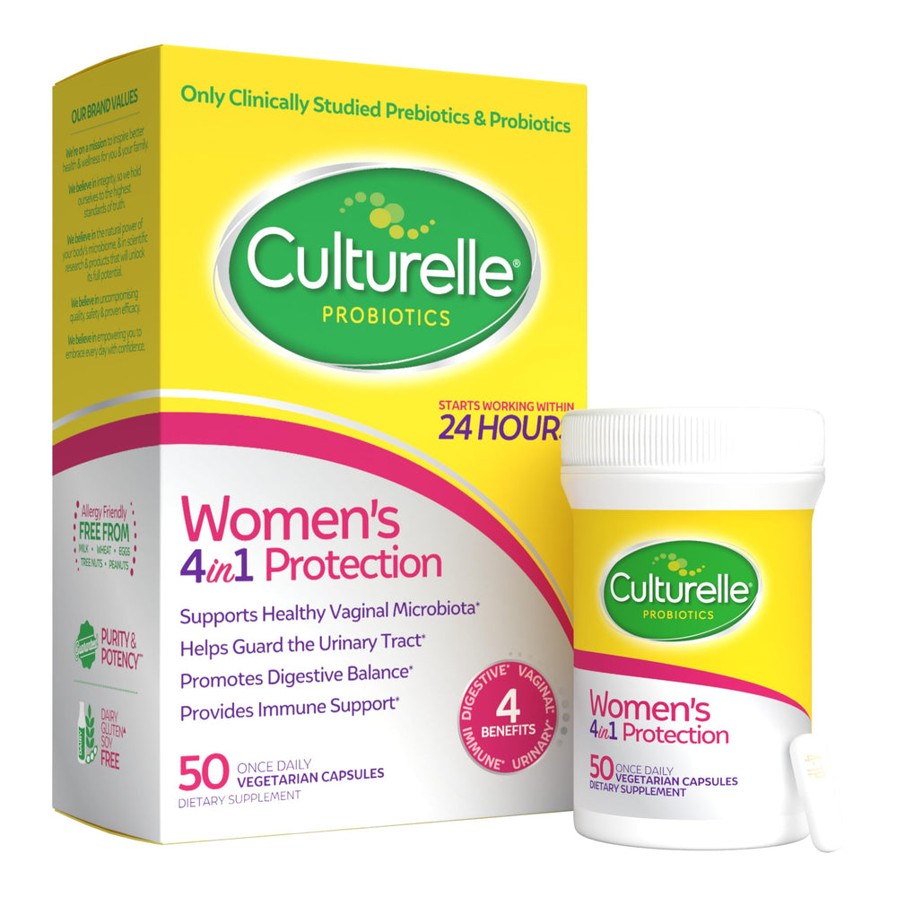 Culturelle frente del empaque mostrando beneficios y cantidad de cápsulas