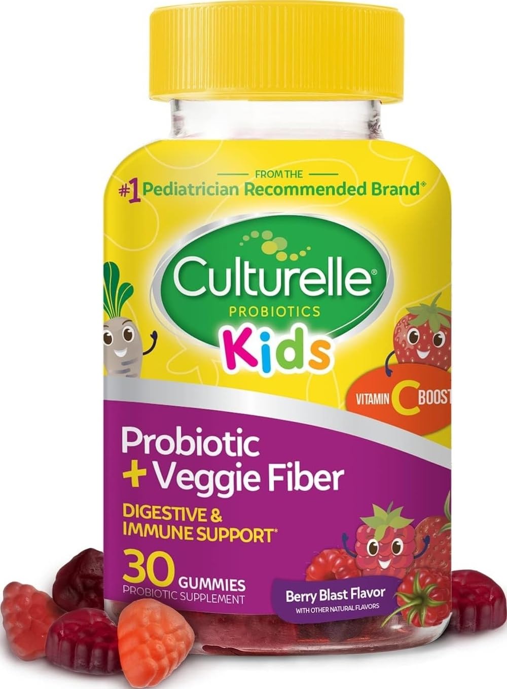 Culturelle empaque frontal mostrando 30 gomitas, facilita dosis diaria