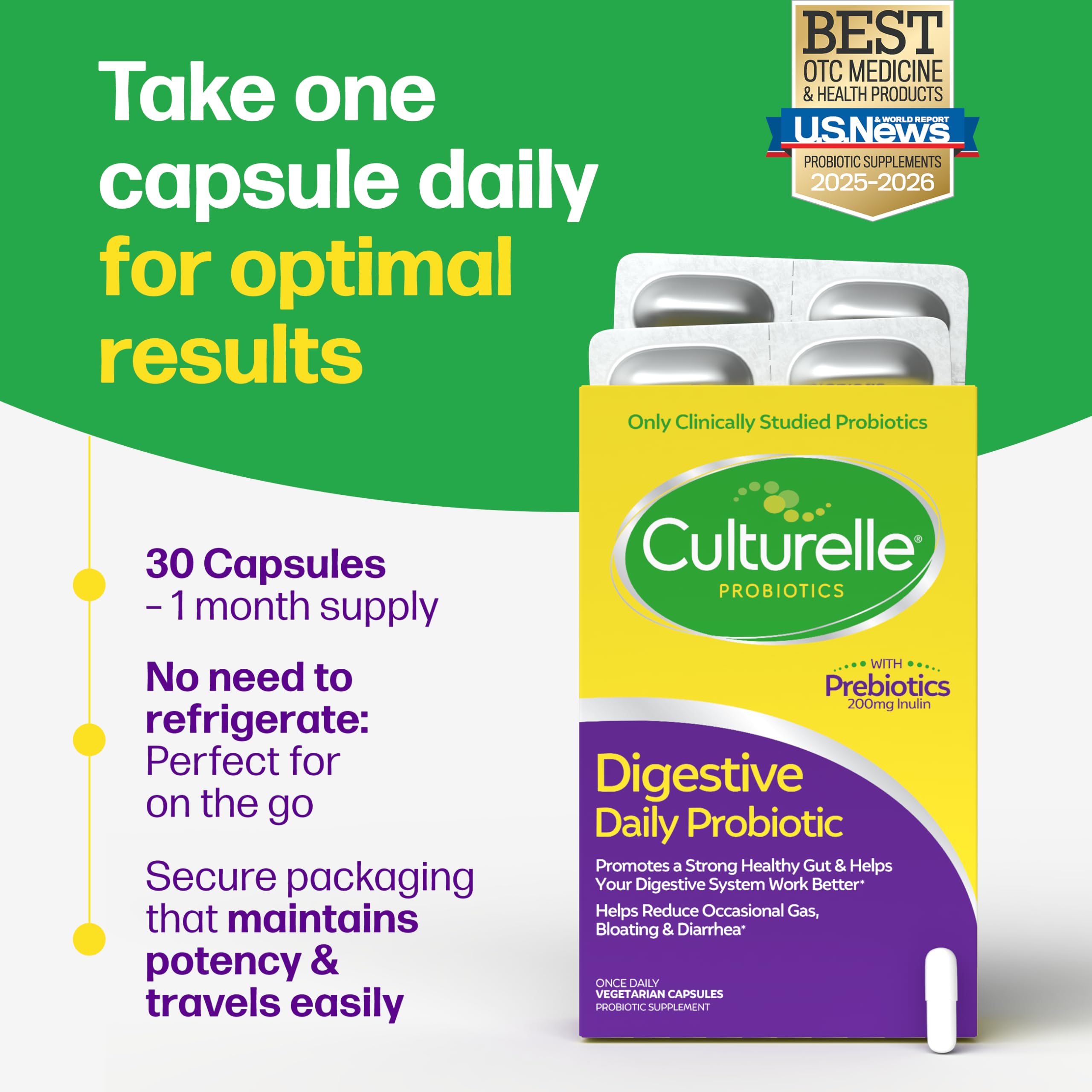 Culturelle cápsula junto a vaso de agua ilustrando uso diario sencillo
