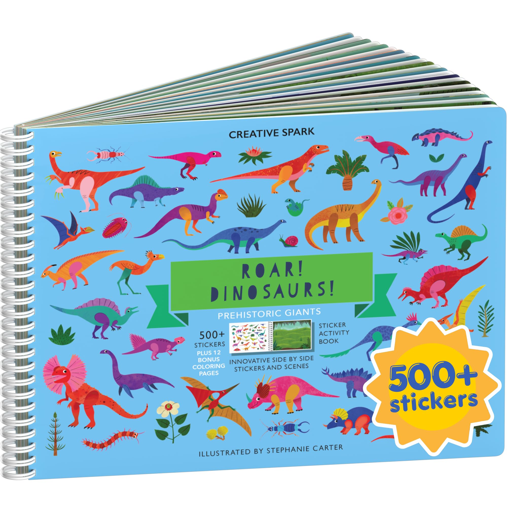 Cupkin portada del libro de dinosaurios mostrando escenas y pegatinas, fomenta creatividad