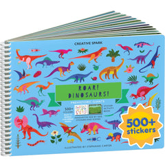 Cupkin portada del libro de dinosaurios mostrando escenas y pegatinas, fomenta creatividad