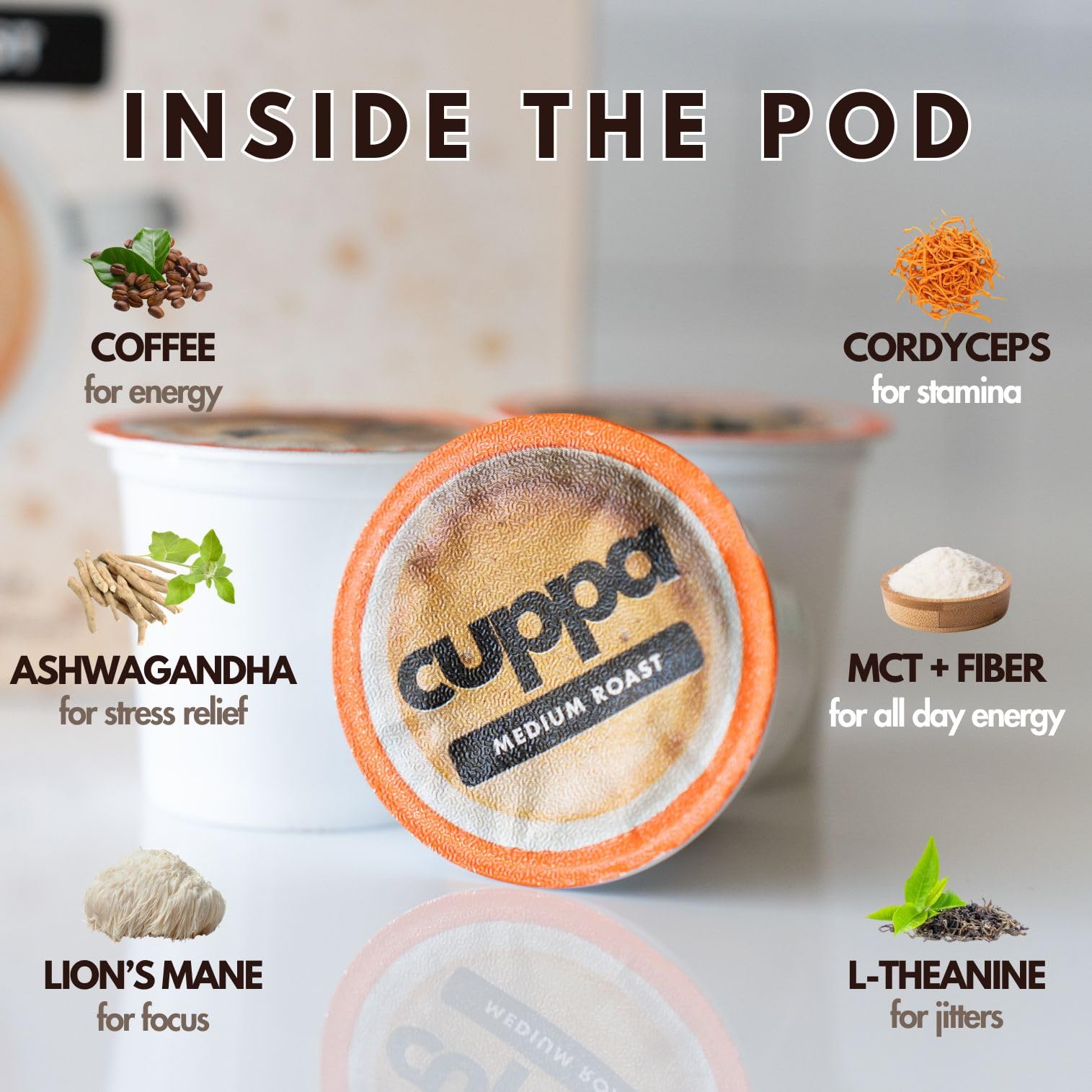 Cuppa Healthy Coffee enfoque en una cápsula KCup lista para usar y fácil preparación