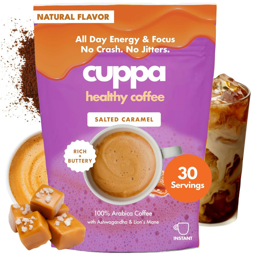 Cuppa Healthy Coffee paquete frontal mostrando 30 servicios y sabor caramelo salado