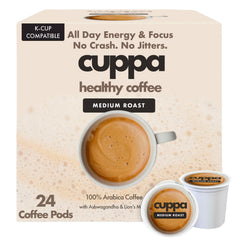 Cuppa Healthy Coffee frente del empaque mostrando cápsulas y diseño atractivo
