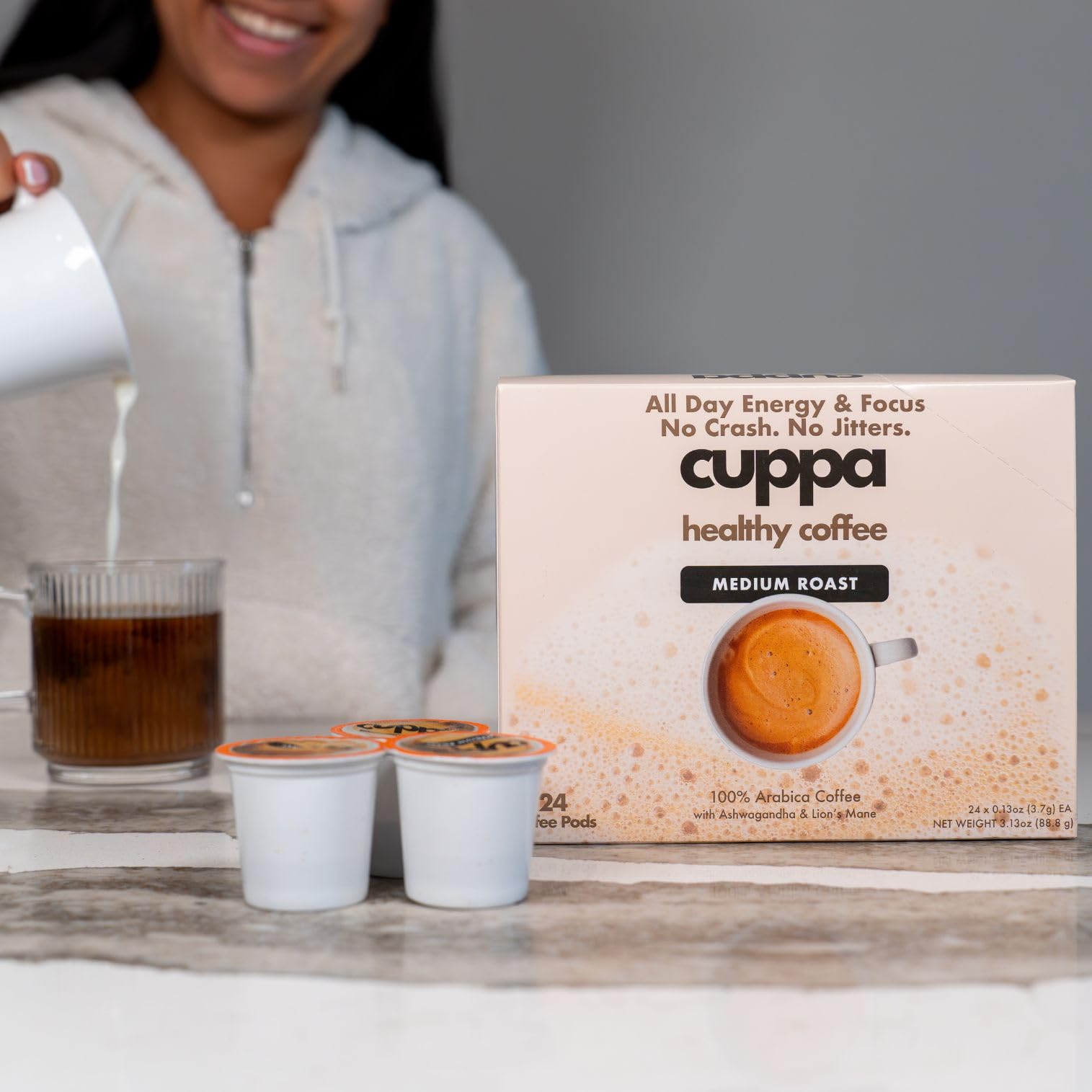 Cuppa Healthy Coffee etiqueta con lista de ingredientes orgánicos y certificados