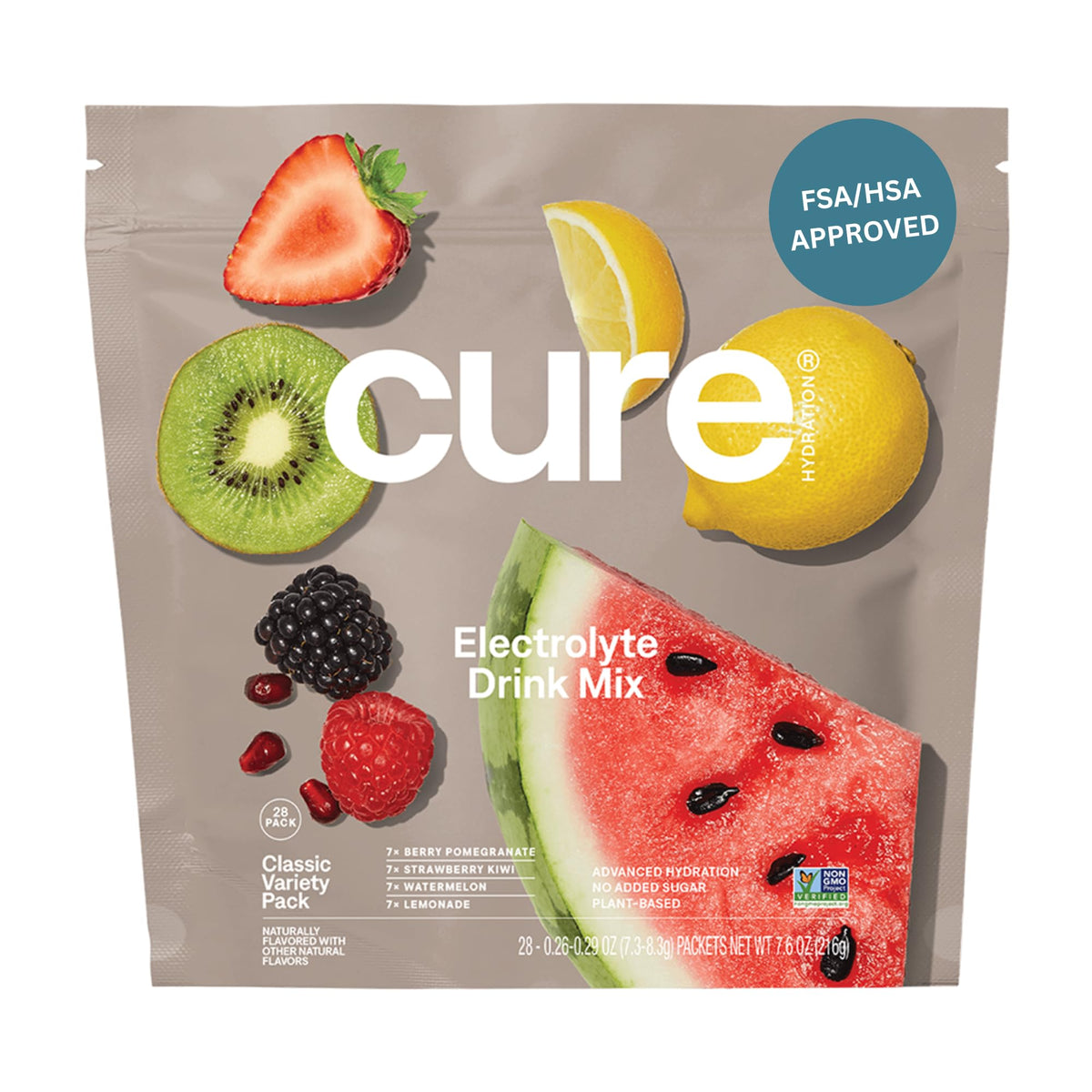 Cure Hydration frente del paquete con 28 sobres mostrando variedad y portabilidad