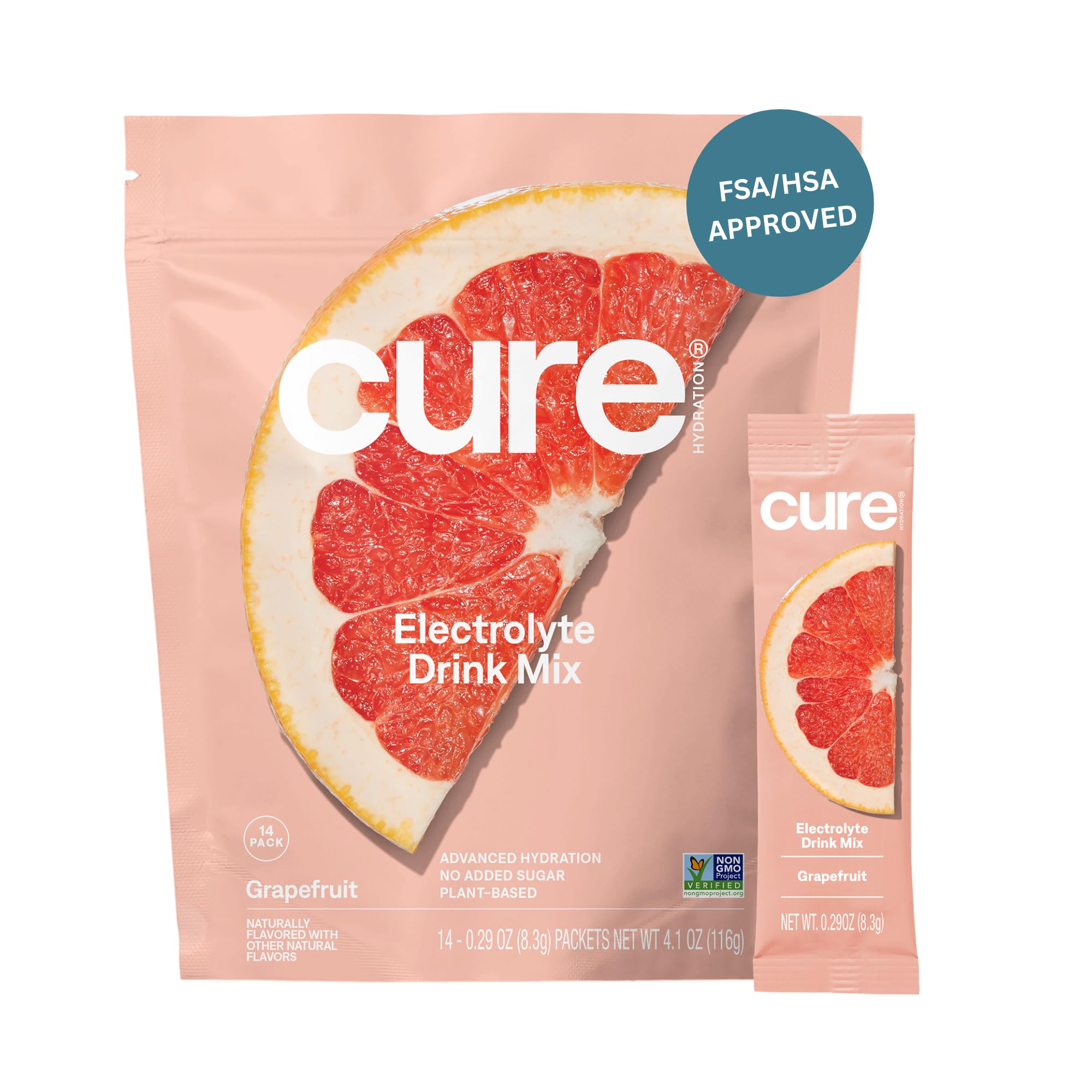 Cure Hydration frente del empaque mostrando 14 sobres y beneficio portátil