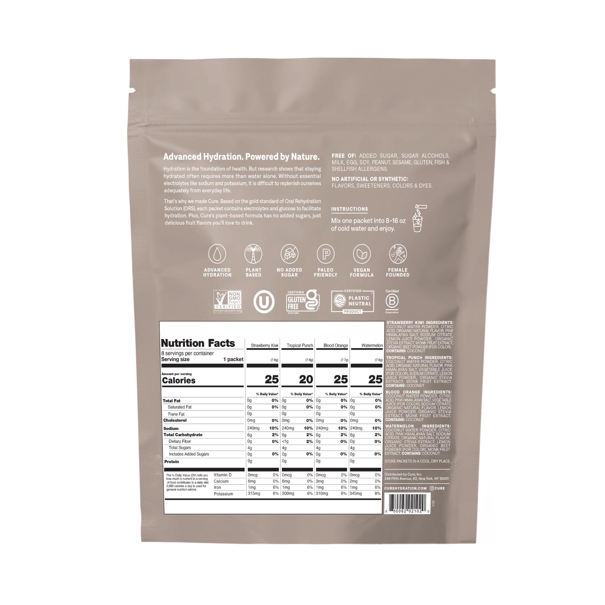 Cure Hydration textura del polvo en primer plano, aspecto natural y soluble