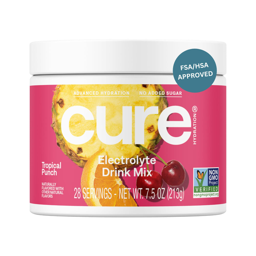 Cure Hydration envase frontal mostrando 28 porciones y beneficio de rehidratación rápida