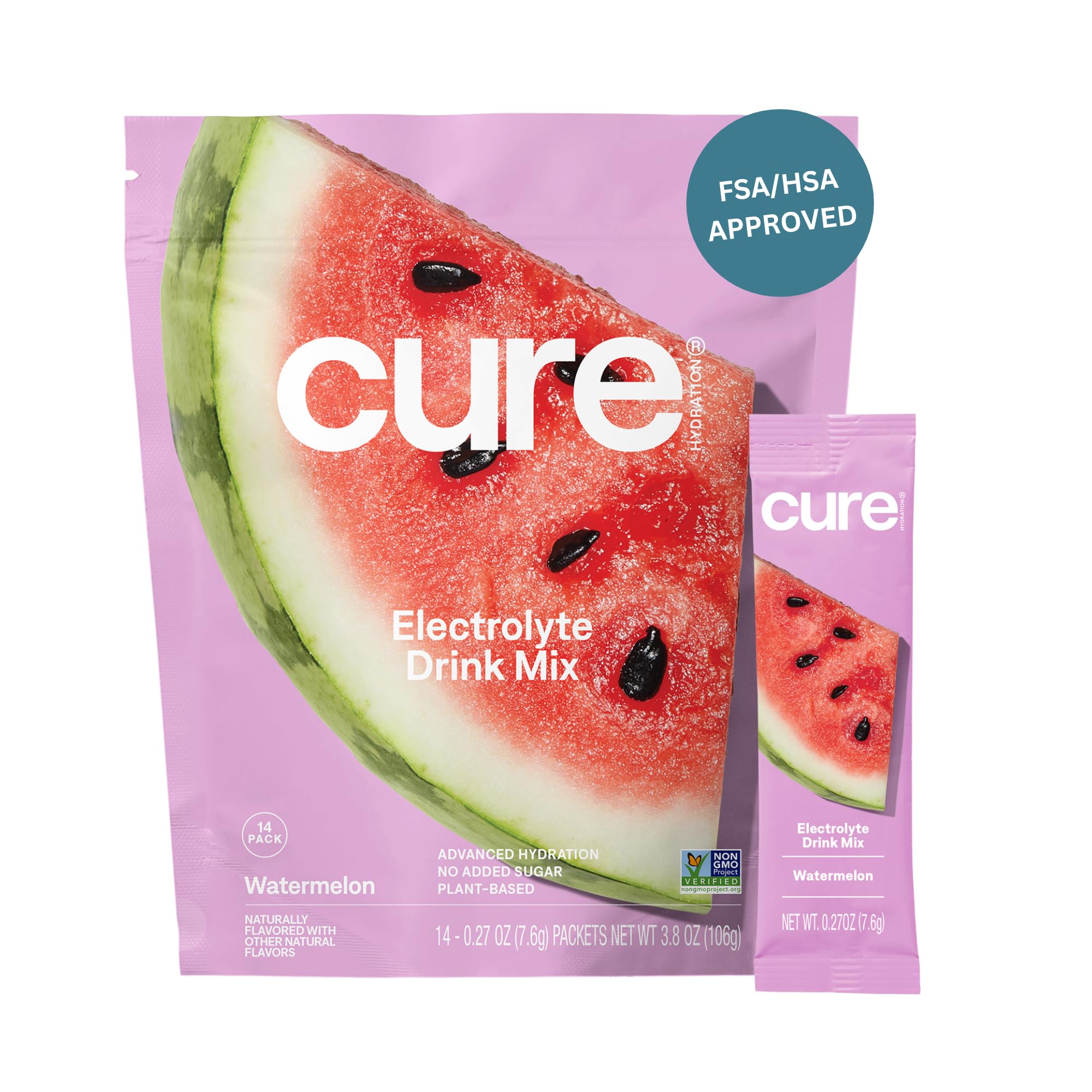 Cure Hydration front box showing 14 watermelon packets and benefits