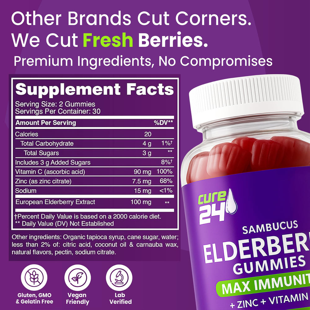 Cure24 etiqueta de ingredientes con detalle de vitaminas y saúco