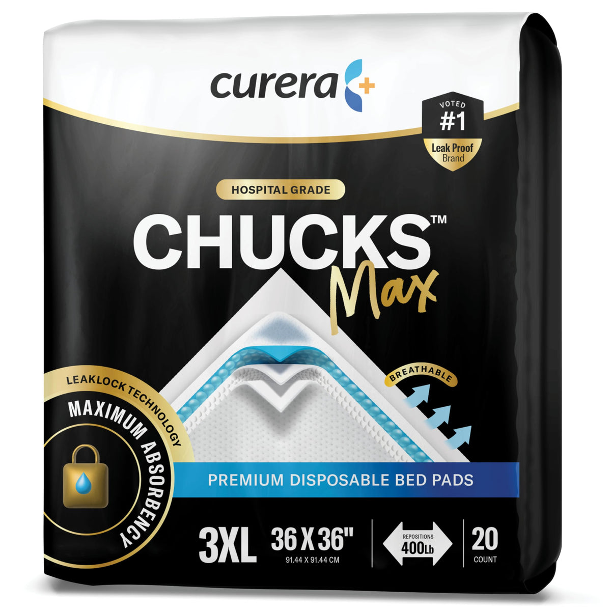 Curera CHUCKS MAX empaque frontal mostrando 20 unidades y tamaño XXXL