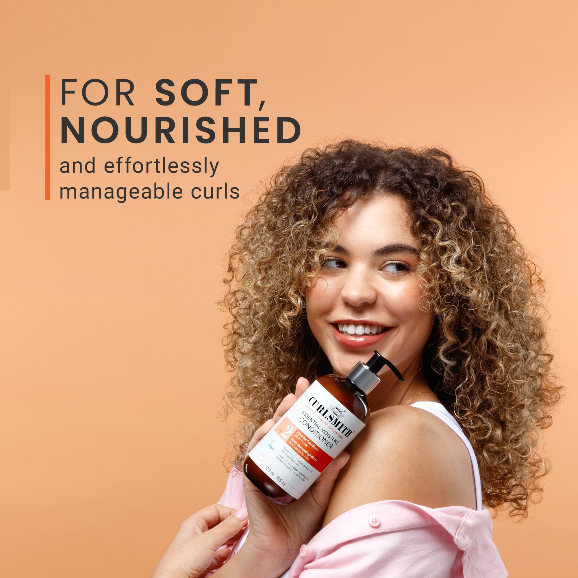 CURLSMITH etiqueta con sellos color-safe y vegano, protege color y es ético